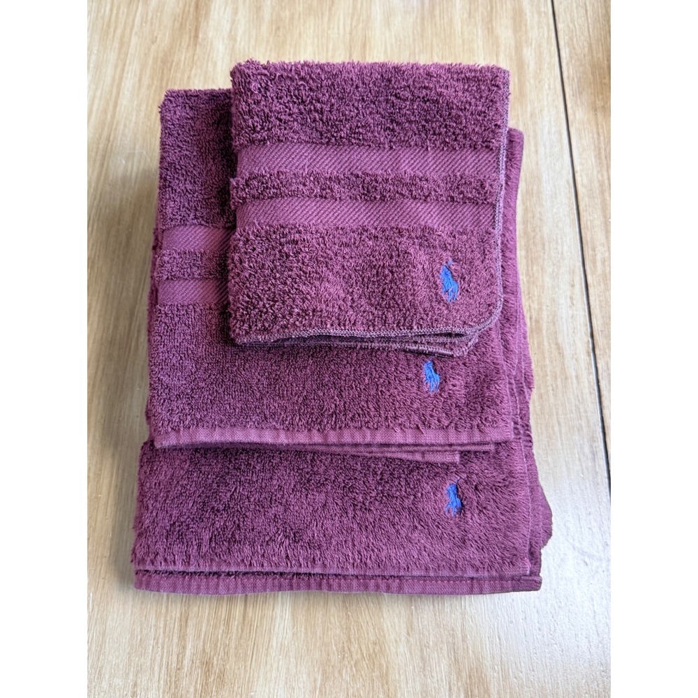 Vintage Ralph Lauren Plum/ Wine 3pc Bath Towel Set Blue Pony Logo